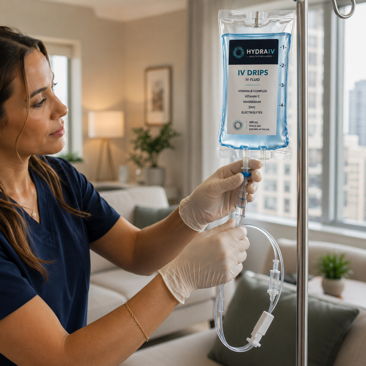 Licensed professional preparing an IV drip at home